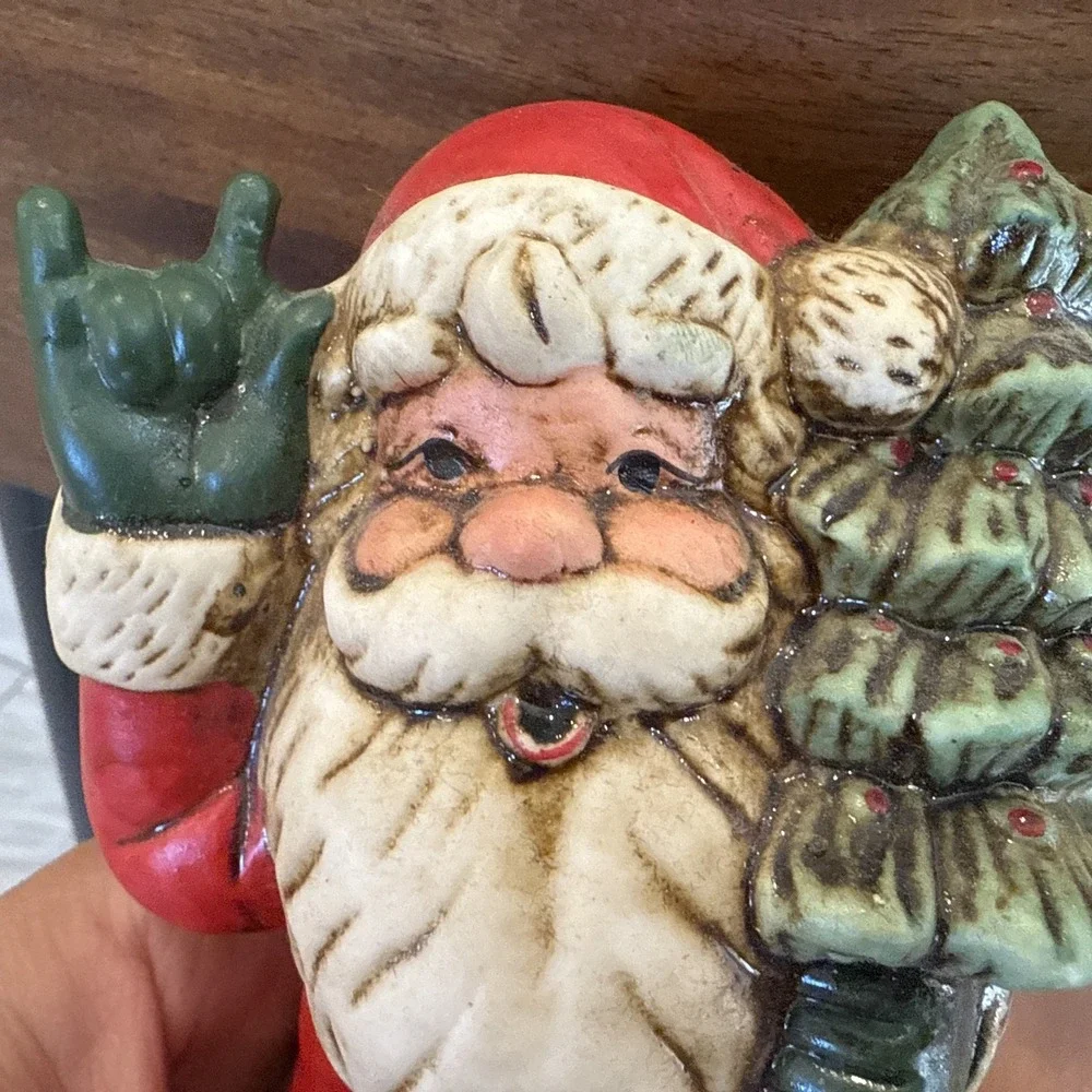 Vintage Santa Claus holding Christmas tree and saying hello Ceramic Figurine 6